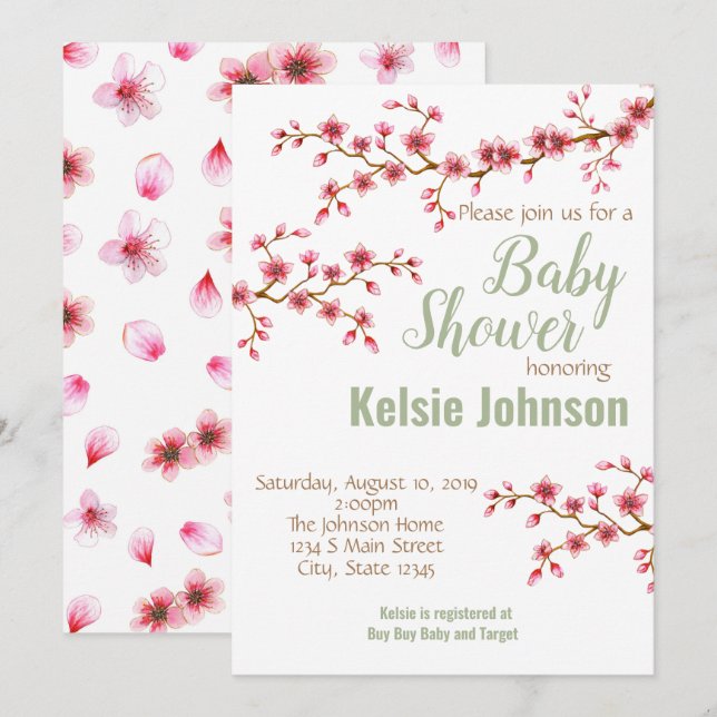 Invitación Baby Shower de Flor de Cerezo (Anverso / Reverso)