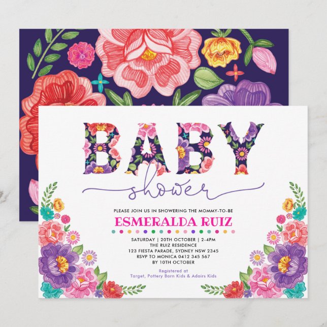 Invitación Baby Shower de flor de Fiesta Rosa Mexicana (Anverso / Reverso)