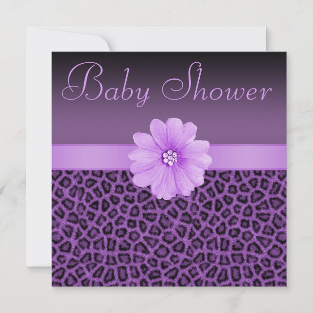 Invitación Baby Shower de flor morada de leopardo (Anverso)