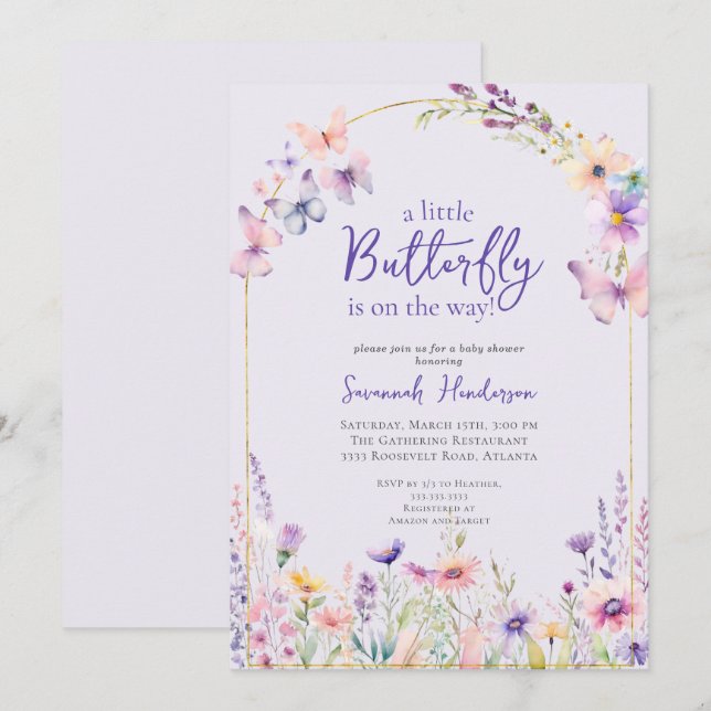 Invitación Baby Shower de flor morado rosa mariposa (Anverso / Reverso)