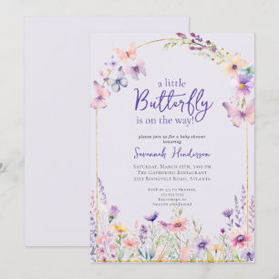 Invitación Baby Shower de flor morado rosa mariposa