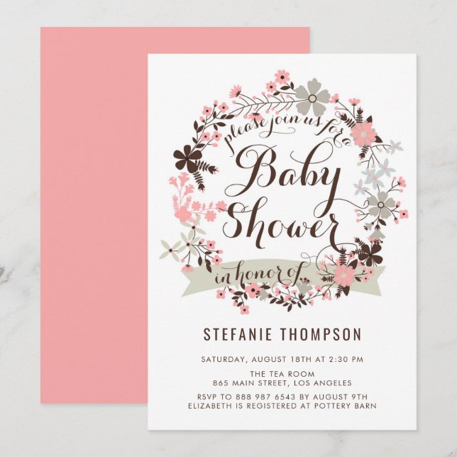 Invitación Baby Shower de flor rosa y gris bonito (Anverso / Reverso)