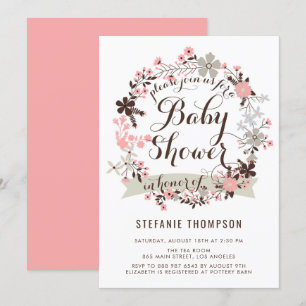 Invitación Baby Shower de flor rosa y gris bonito
