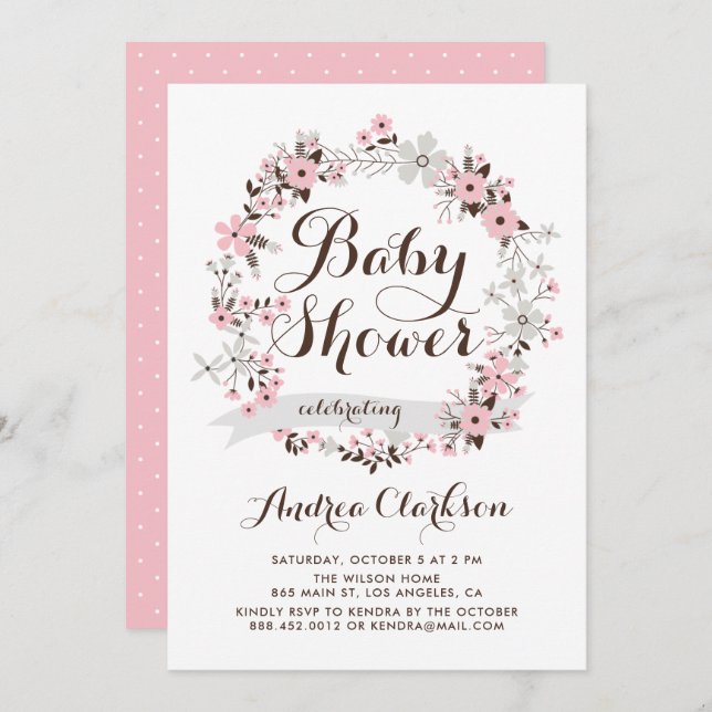 Invitación Baby Shower de flor rosa y gris bonito (Anverso / Reverso)