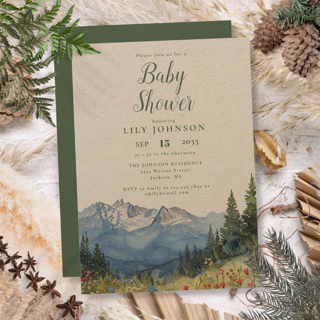 Invitación Baby Shower de Flor Silvestre Acuarela Rústica de  (Rustic Watercolor Mountain Wildflower Baby Shower Invitation)