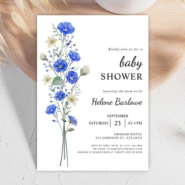 Invitación Baby Shower De Flor Silvestre Azul Y Blanco Elegan (Blue And White Elegant Wildflower Baby Shower Invitation)