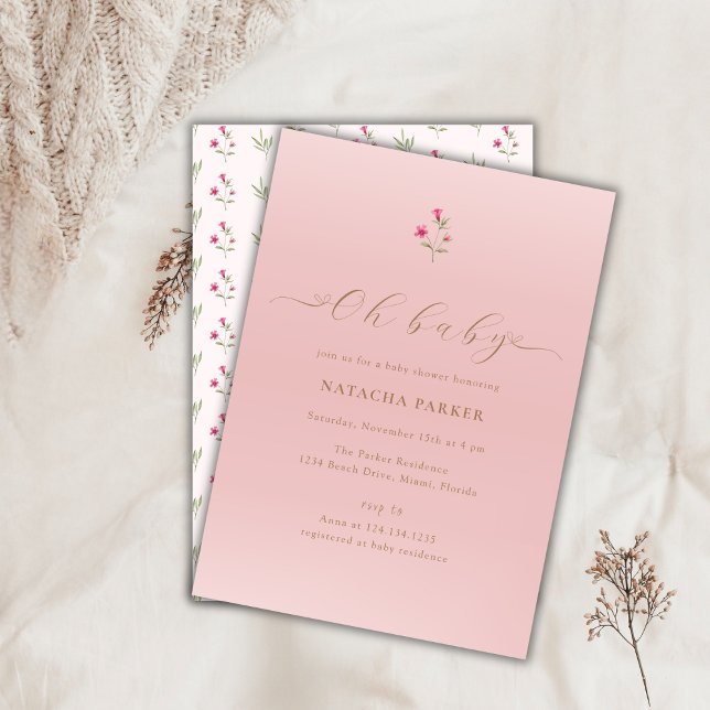 Invitación Baby Shower de Flor Silvestre Mínima Ro (Pink Minimal Wildflower Baby Shower Invitation)