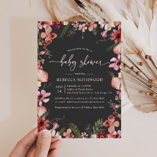 Invitación Baby Shower de floral de acuarela de carbón vegeta