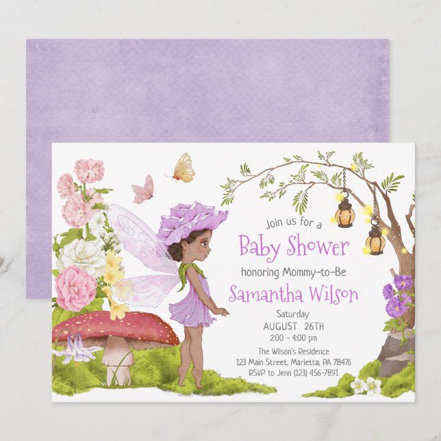Invitación Baby Shower de Floral de hadas violeta marrón (Anverso / Reverso)