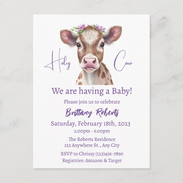 Invitación Baby Shower de Floral Highland Cow (Anverso)
