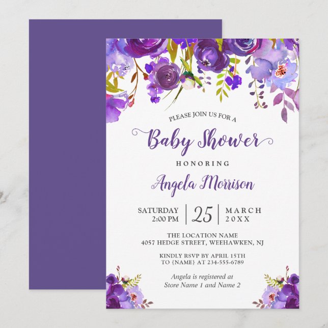Invitación Baby Shower de floral morada ultravioleta de moda (Anverso / Reverso)