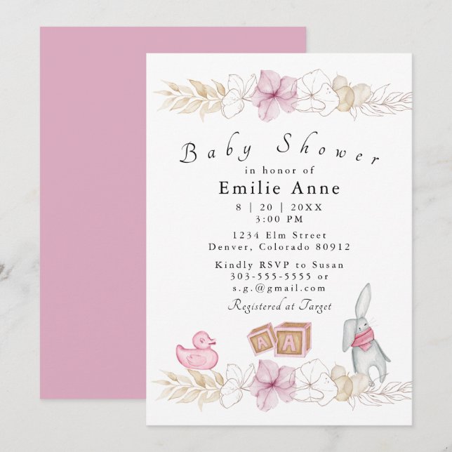 Invitación Baby Shower de Floral Rosa Delicada (Anverso / Reverso)