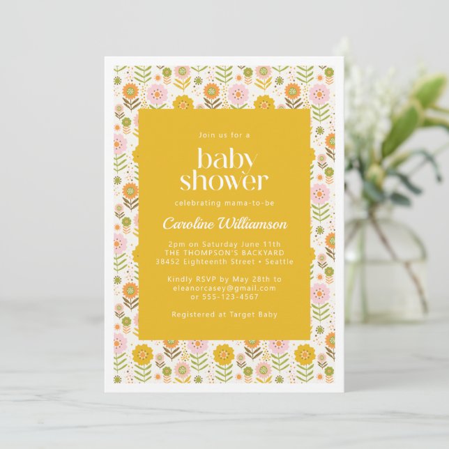 Invitación Baby Shower de flores amarillas baratas escandinav (Anverso de pie)