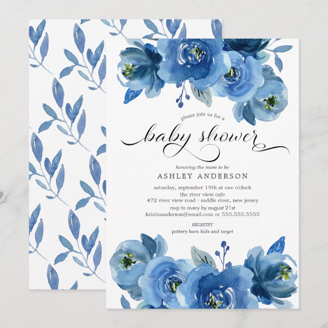 Invitación Baby Shower de flores azul acuarela (Anverso / Reverso)