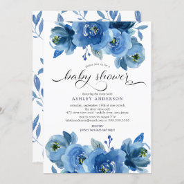 Invitación Baby Shower de flores azul acuarela