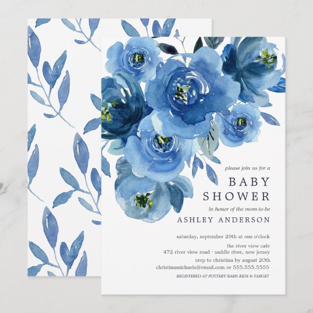 Invitación Baby Shower de flores azul acuarela (Anverso / Reverso)