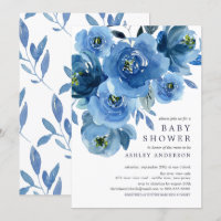 Baby Shower de flores azul acuarela