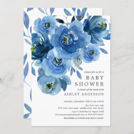 Invitación Baby Shower de flores azul acuarela