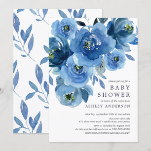 Invitación Baby Shower de flores azul acuarela