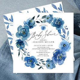 Invitación Baby Shower de flores azul acuarela