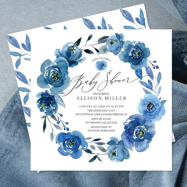 Invitación Baby Shower de flores azul acuarela (Subido por el creador)