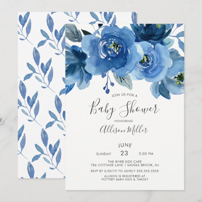 Invitación Baby Shower de flores azul acuarela (Anverso / Reverso)