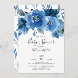 Invitación Baby Shower de flores azul acuarela