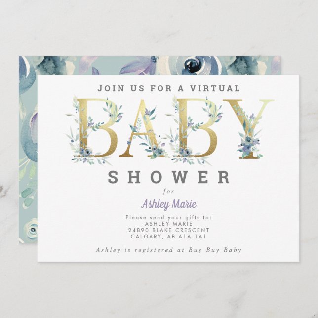 Invitación Baby Shower de flores azules de larga distancia vi (Anverso / Reverso)