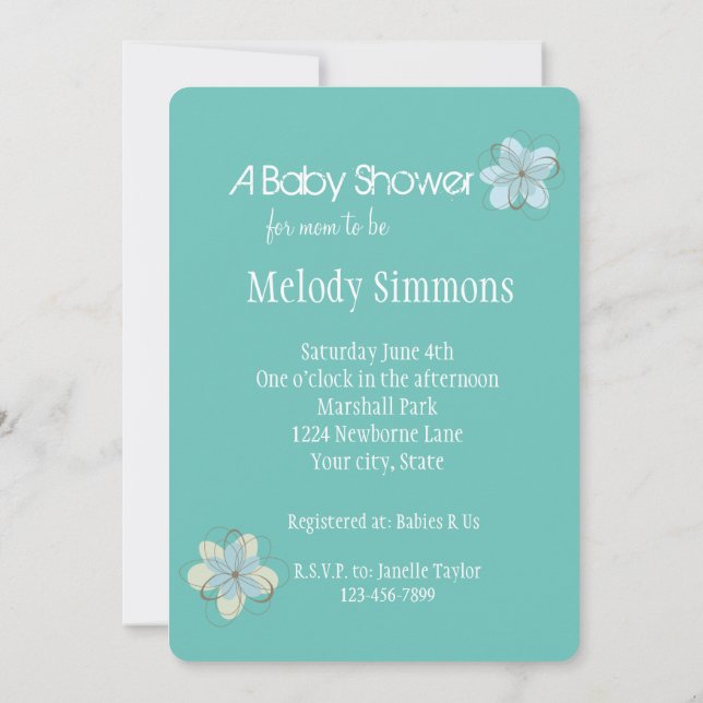 Invitación Baby Shower de flores azules de menta (Reverso)