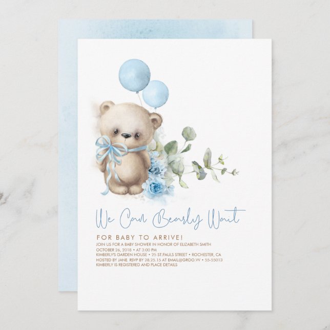 Invitación Baby Shower de flores azules de oseo de peluche y  (Anverso / Reverso)