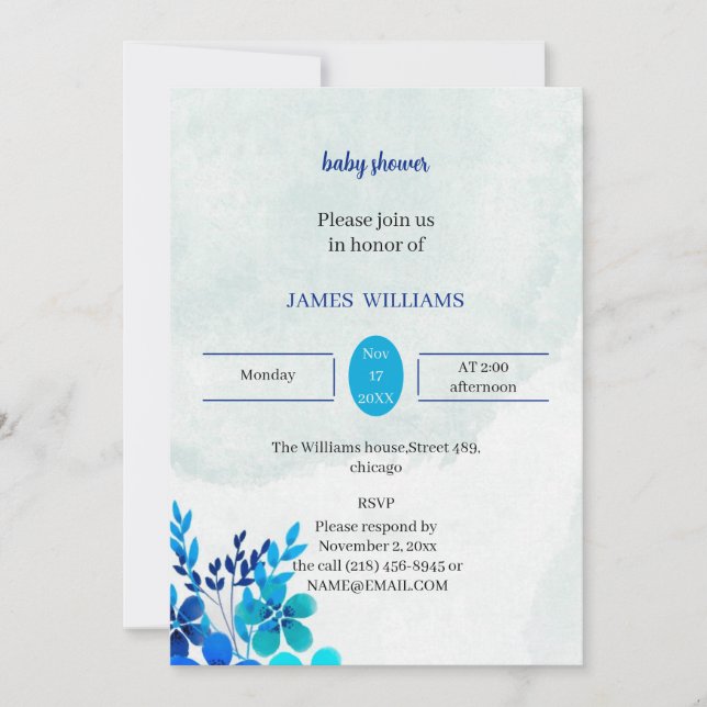 Invitación Baby Shower de flores azules personalizado (Anverso)