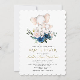 Invitación Baby Shower de flores azules rosadas de elefante l