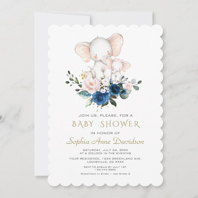 Invitación Baby Shower de flores azules rosadas de elefante l (Anverso)