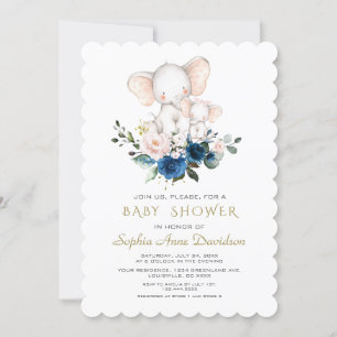 Invitación Baby Shower de flores azules rosadas de elefante l