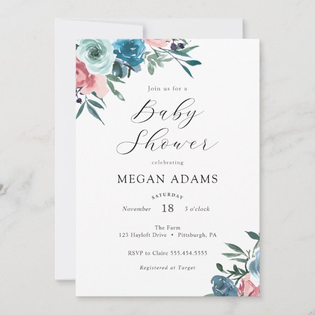 Invitación Baby Shower de flores azules rosas y de la marina (Anverso)