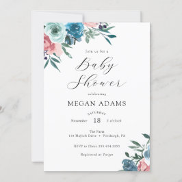 Invitación Baby Shower de flores azules rosas y de la marina