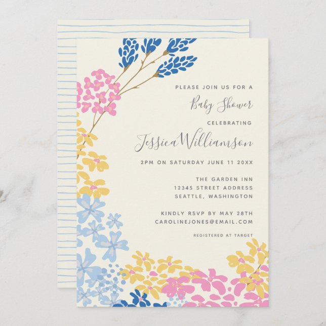 Invitación Baby Shower de flores azules y amarillas de verano (Anverso / Reverso)