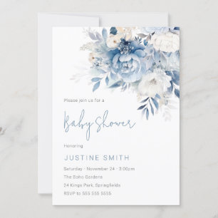 Invitación Baby Shower de flores azules y blancas en cielo se