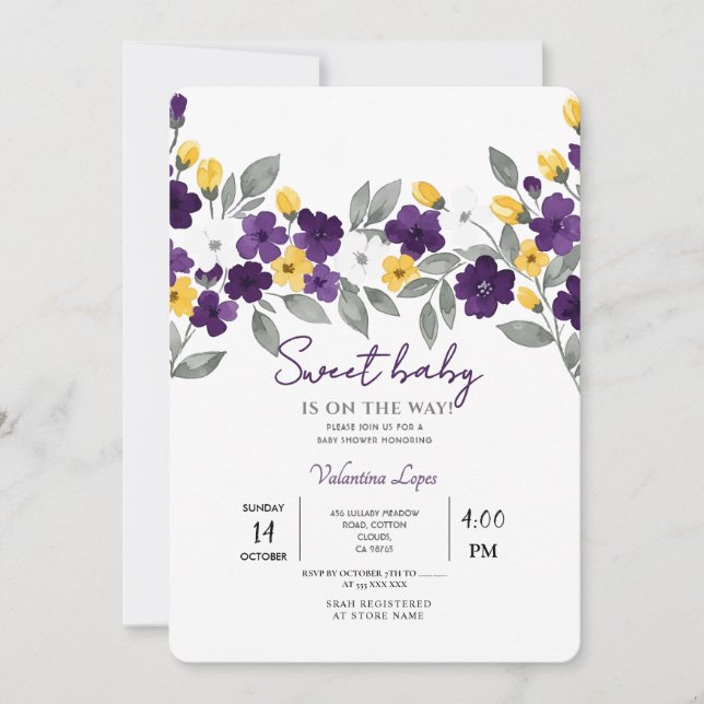 Invitación Baby Shower de flores blancas de color (Anverso)