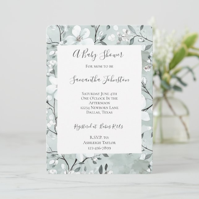 Invitación Baby Shower de Flores Blancas Gris de moda (Anverso de pie)