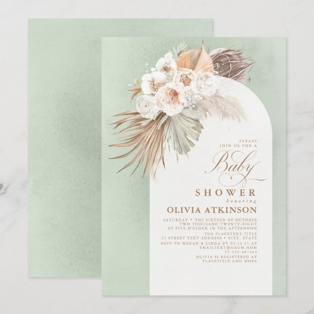 Invitación Baby Shower de Flores Blancas y Pampas Grass Boho (Anverso / Reverso)