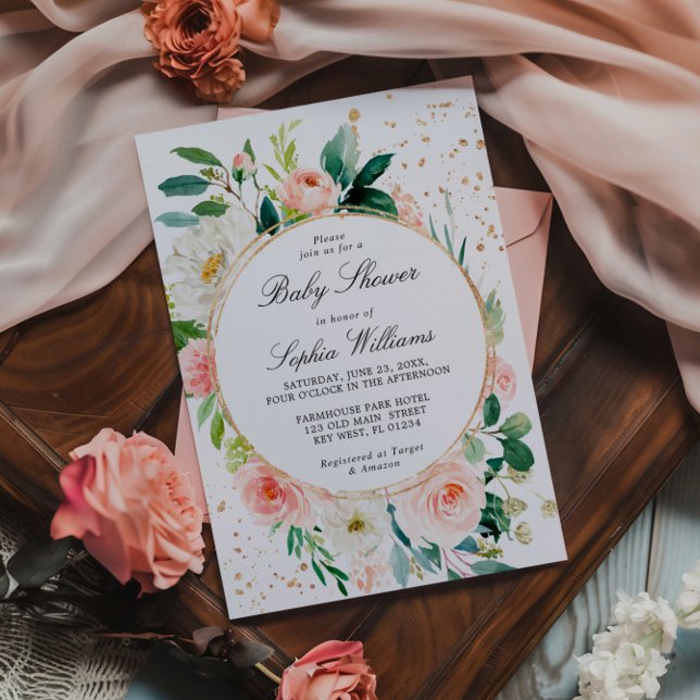 Invitación Baby Shower de flores blancas y rosas de Rubor (Subido por el creador)