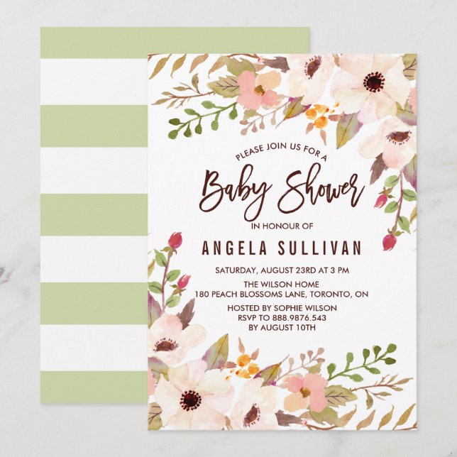 Invitación Baby Shower de flores bohemias acuarelas (Anverso / Reverso)