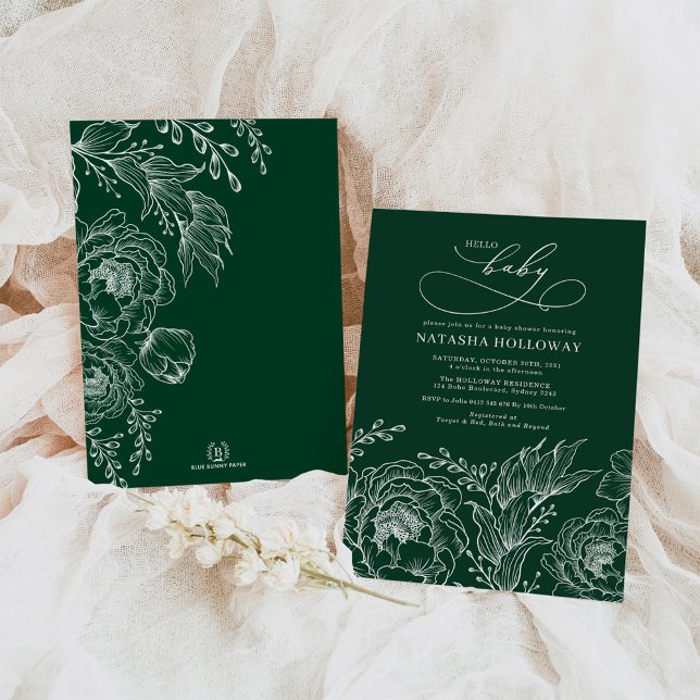 Invitación Baby Shower de flores botánicas de color verde esm (Subido por el creador)