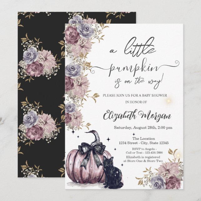 Invitación Baby Shower de flores de calabaza de gato negro (Anverso / Reverso)