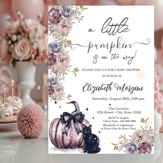 Invitación Baby Shower de flores de calabaza de gato negro (Subido por el creador)