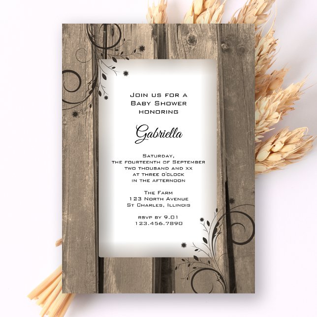 Invitación Baby Shower de flores de campo de madera de grano (Subido por el creador)