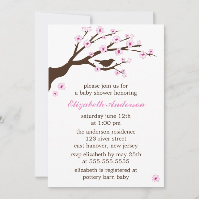 Invitación Baby Shower de flores de cerezo rosado (Anverso)