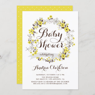 Invitación Baby Shower de flores de color amarillo y gris bon