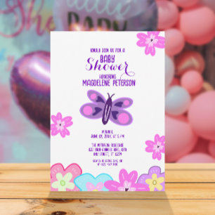 Invitación Baby Shower de flores de dibujo a mano y mariposa